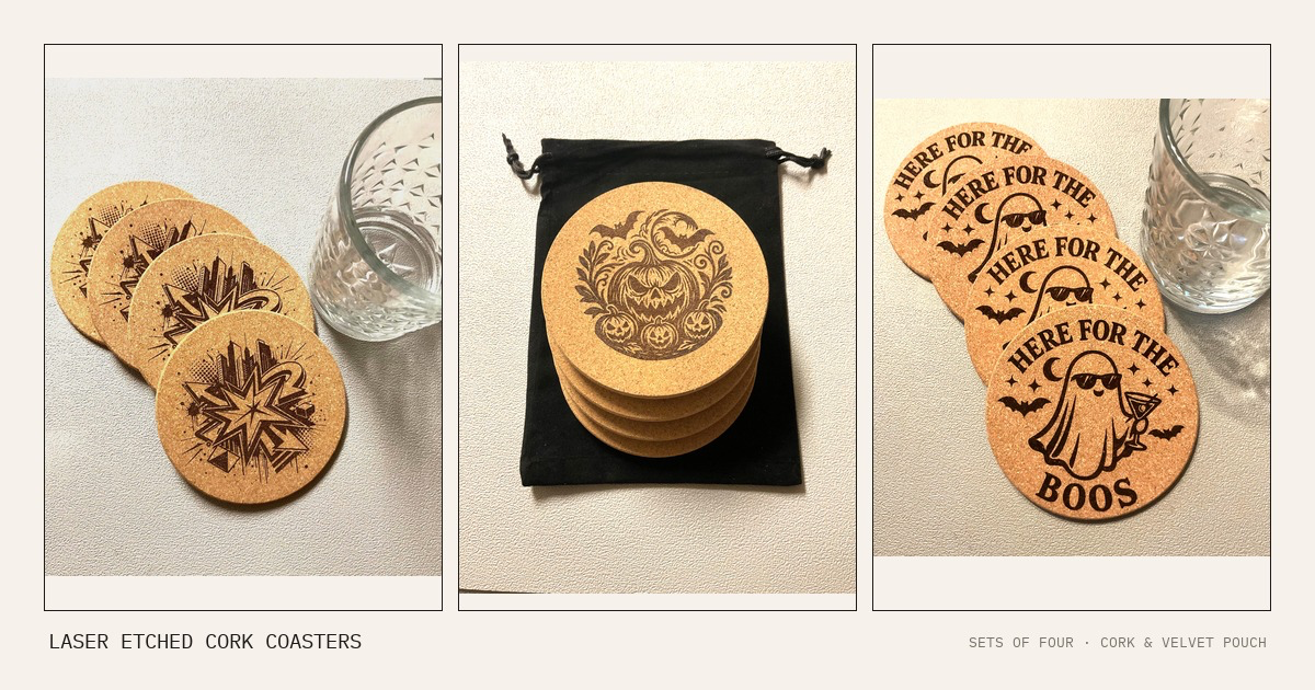 Three laser etched cork coaster sets photographed side by side — a cityscape starburst set, a carved pumpkin set stacked on a black velvet pouch, and a Here for the Boos ghost set beside a glass