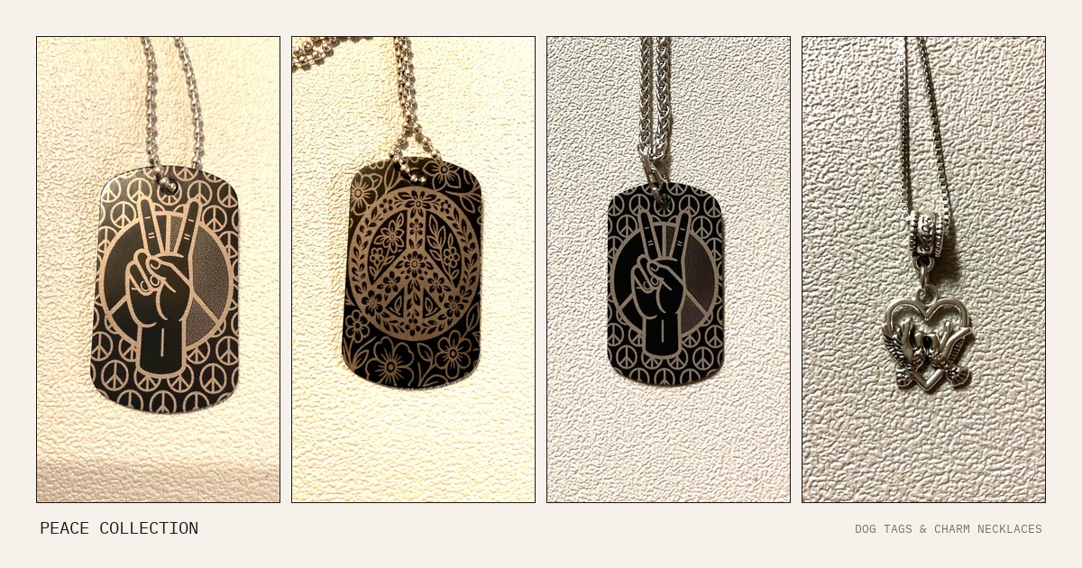 Collage of peace-themed handmade jewelry including peace hand sign dog tags and peace and love charm necklaces