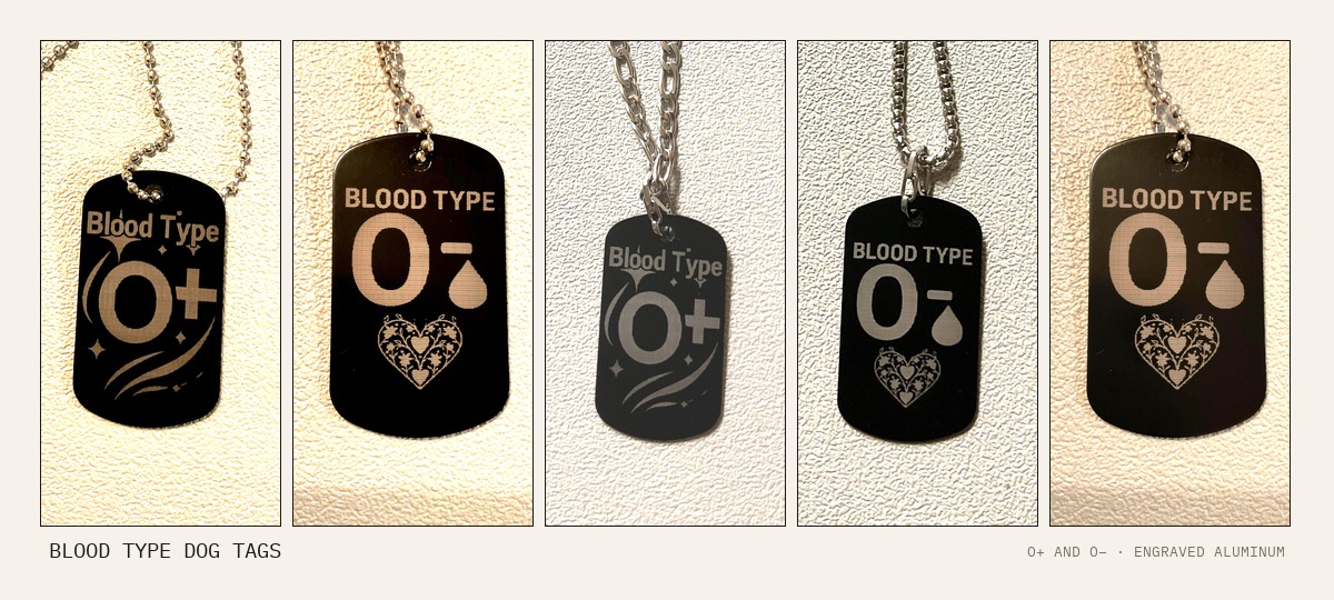 Five panel collage of laser engraved Blood Type O positive and O negative military style aluminum dog tags with ball chains, made by Robert Anthony Art
