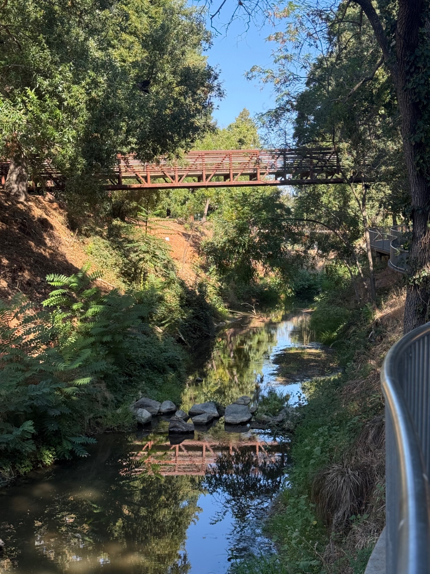 Pedestrian bridge over Ulatis Creek in Vacaville, California — trees, reflections, and a quiet stream — photographed by Robert and Angela of Robert Anthony Art
