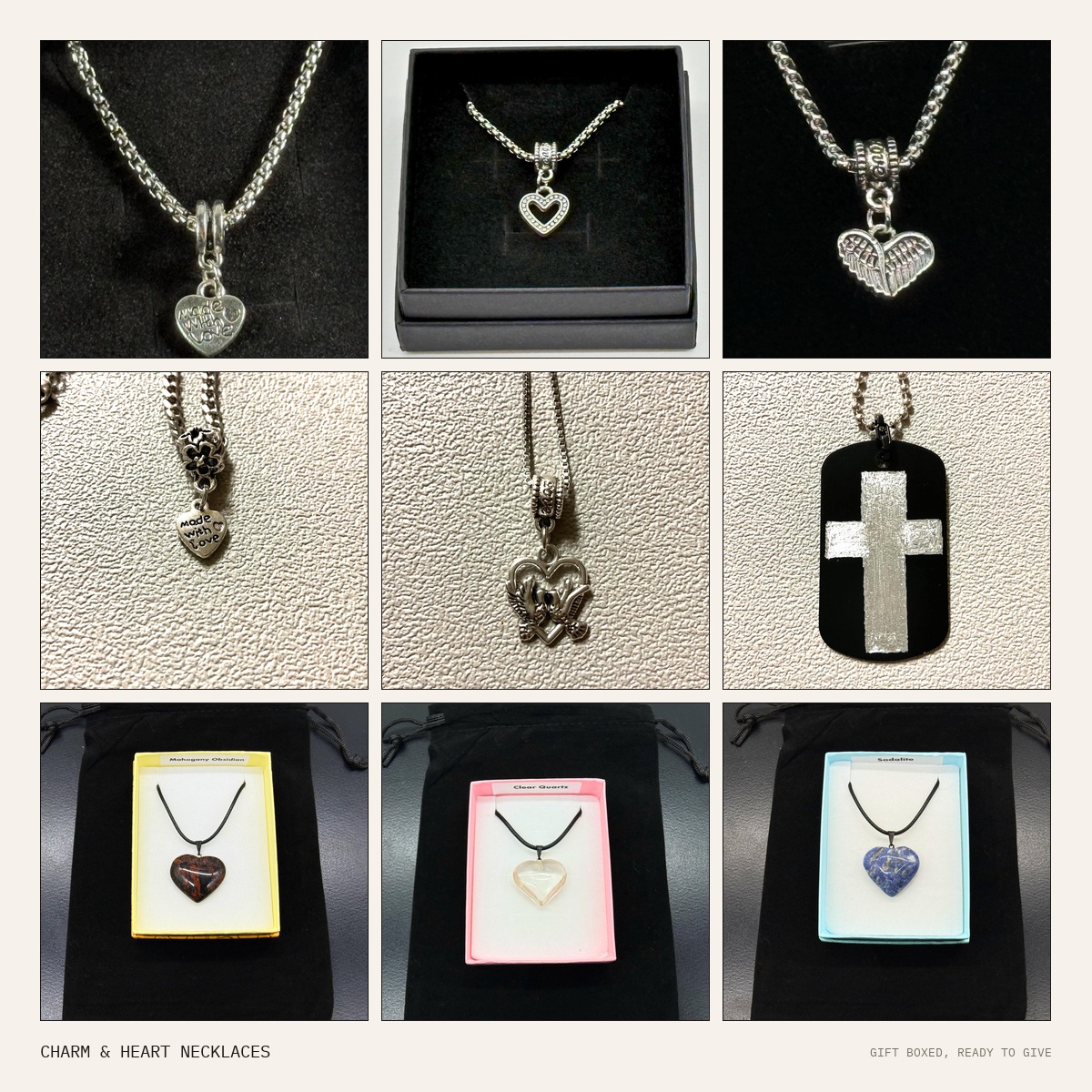 Nine panel collage of charm and heart pendant necklaces — Made With Love hearts, crystal heart, angel wings heart, doves charm, hand engraved silver cross dog tag, and boxed mahogany obsidian, clear quartz and sodalite heart gemstone necklaces
