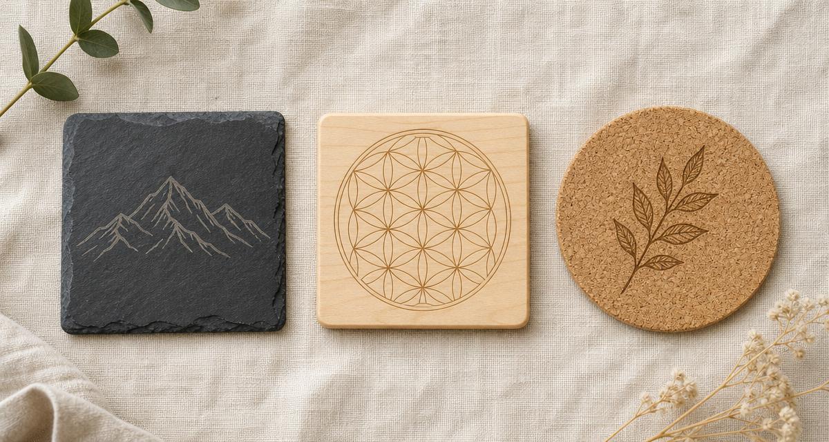 Overhead flat lay of three custom laser-engraved coasters — slate, maple wood, and cork — on a natural linen surface