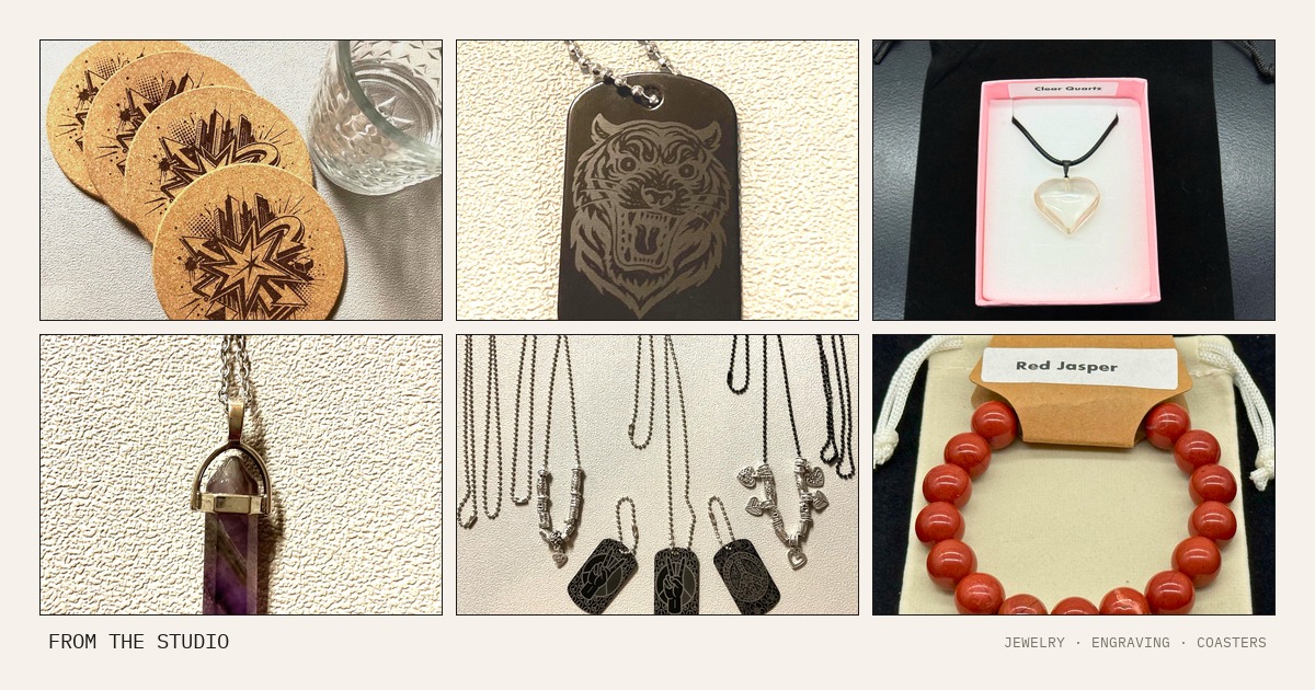 A six-panel collage from the Robert Anthony Art studio — cityscape cork coasters, a tiger dog tag, a clear quartz heart necklace, an amethyst point pendant, a peace and love gift set, and a red jasper beaded bracelet