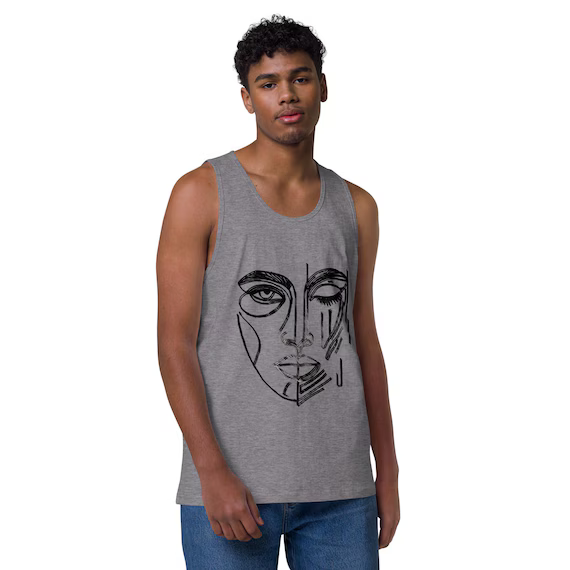 Model wearing a grey unisex tank top with a black One-Eyed Muse hand-drawn line art face