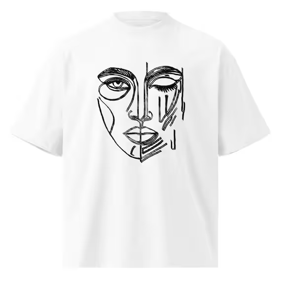 White oversized organic cotton t-shirt printed with a hand-drawn One-Eyed Muse line art face