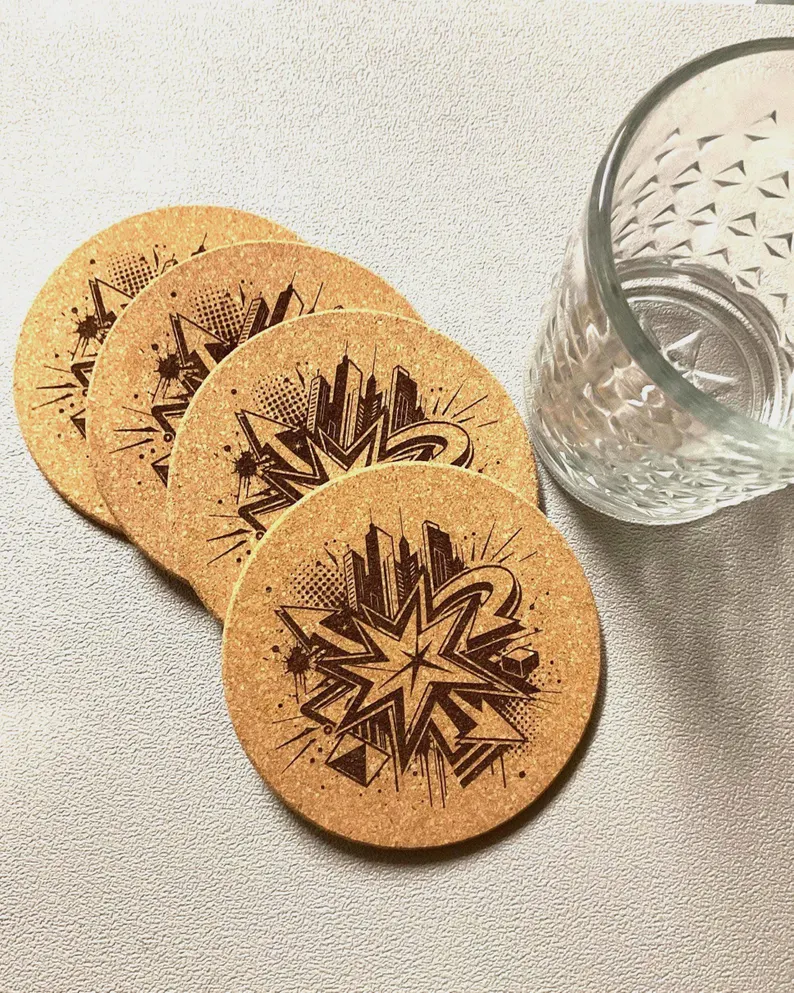 Set of laser engraved cityscape cork coasters made in Vacaville, CA