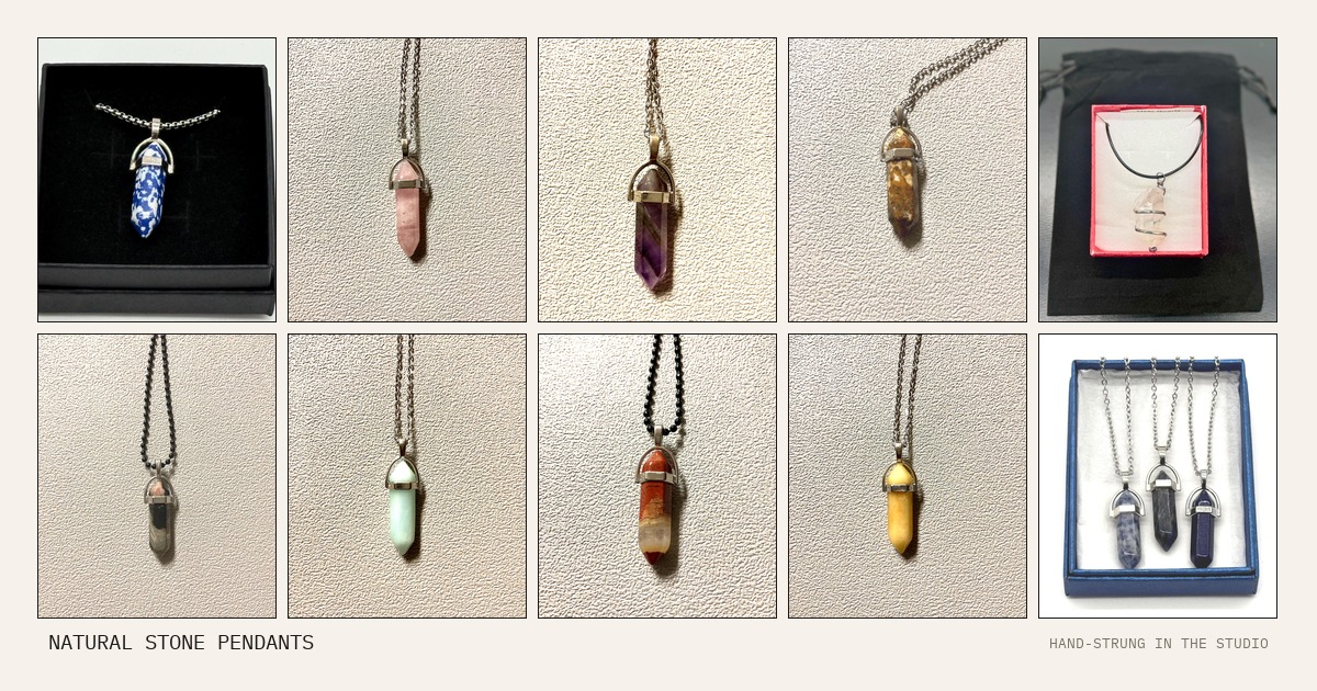 Strip of natural stone pendant necklaces including amethyst, mahogany obsidian, tiger's eye, and quartz on chains