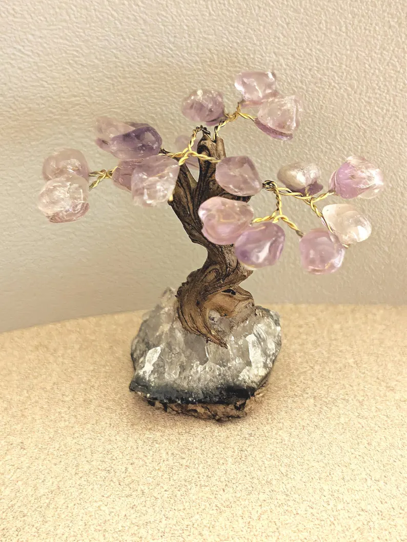 Miniature bonsai tree with natural amethyst crystal leaves
