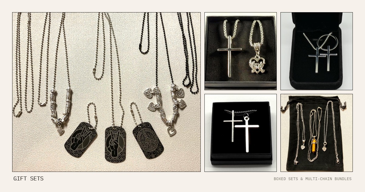 Collage of handmade jewelry gift sets with stone pendants, heart charms, and gift bags