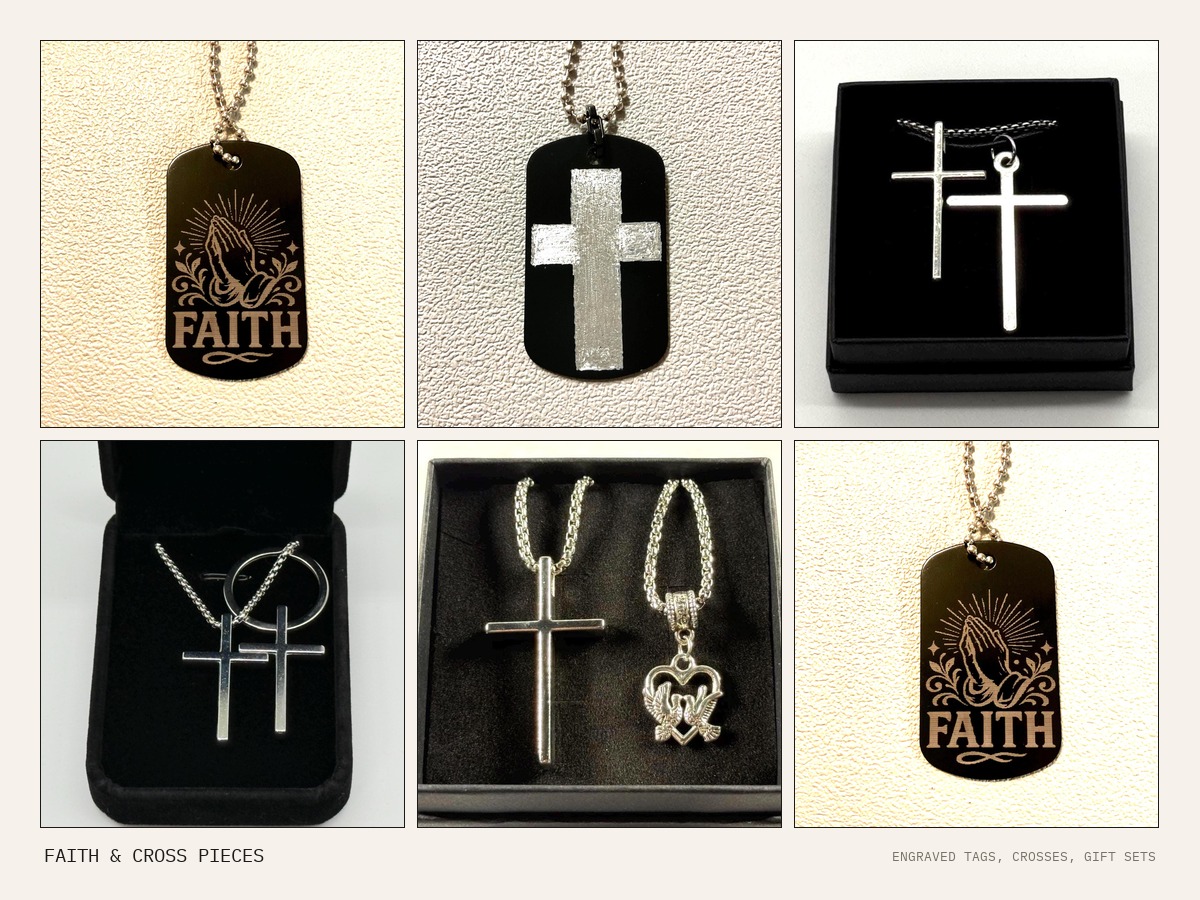 Six panel collage of faith and cross pieces — FAITH praying hands dog tag, hand engraved silver cross dog tag, boxed crucifix necklace sets, a cross and key ring set, doves with heart pendant, and a three chain Faith gift set