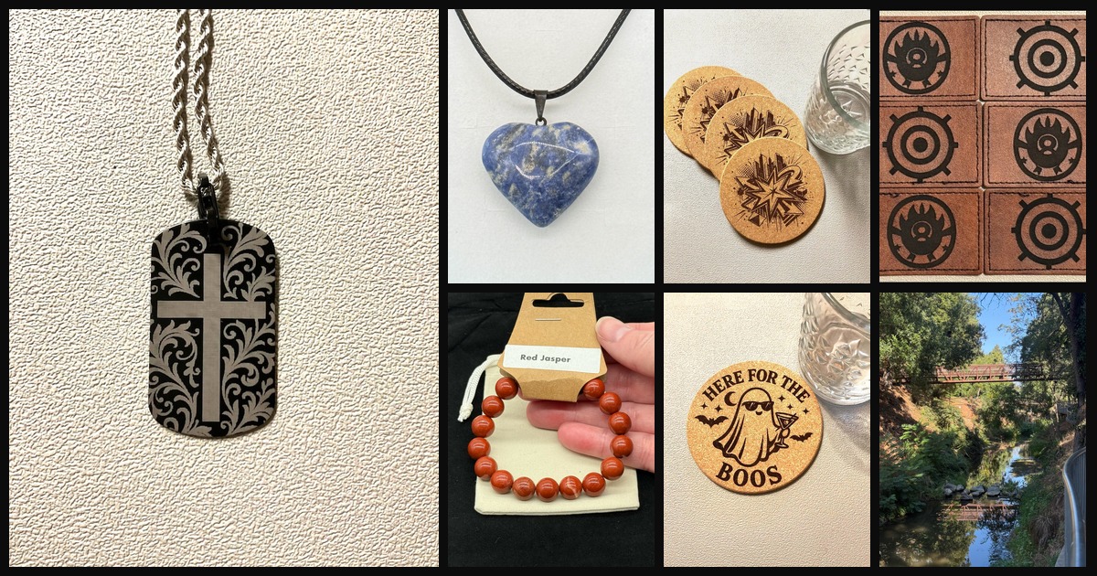 Collage of original studio photography from Robert Anthony Art — laser engraved crucifix cross dog tag, sodalite heart pendant, cityscape cork coasters, laser engraved leather patches, red jasper bracelet, Halloween 'Here for the Boos' coaster, and the Ulatis Creek Walk bridge in Vacaville, California