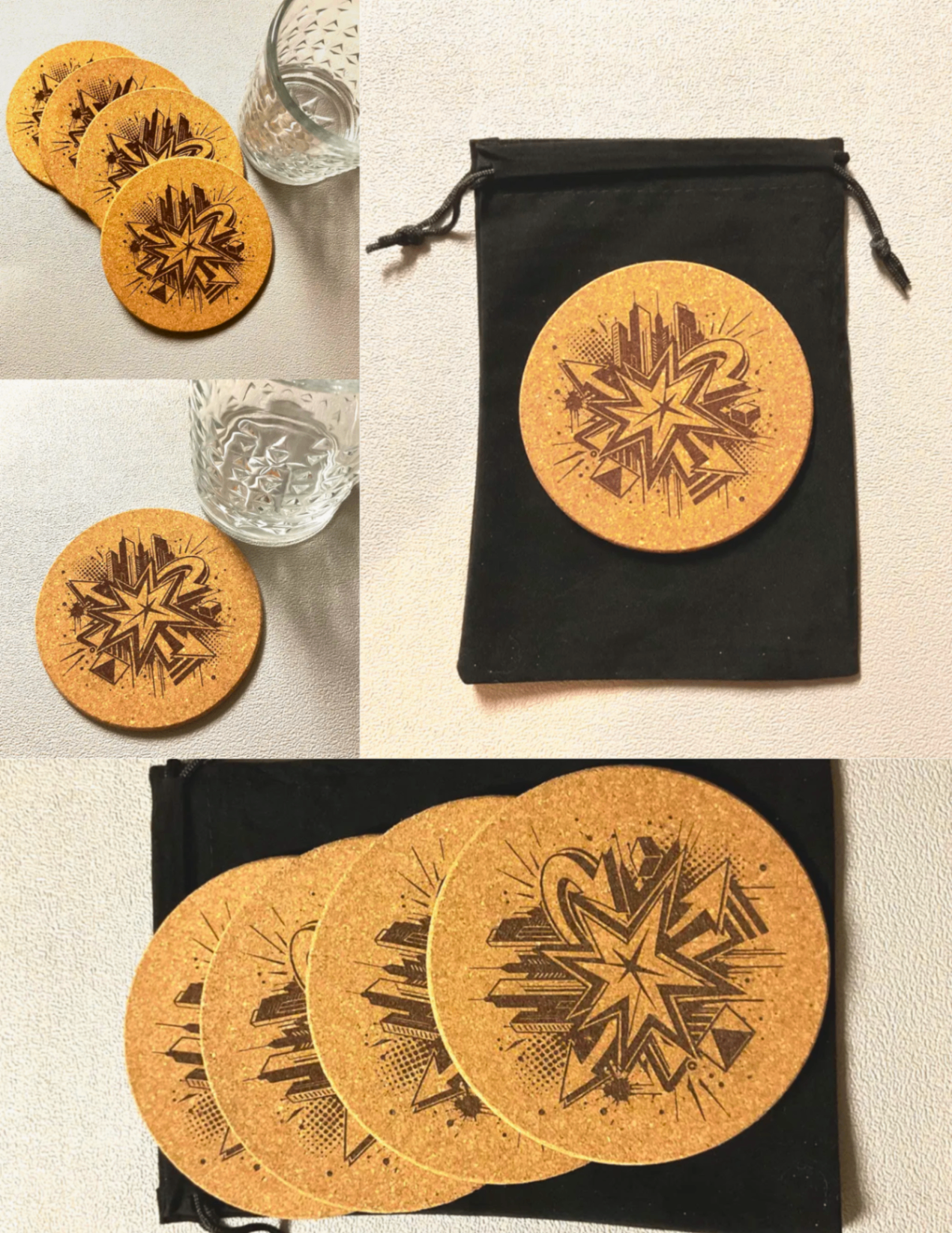Laser engraved cityscape cork coasters by Robert Anthony Art — a set of four fanned beside a cut crystal glass, a single coaster close-up, and coasters displayed on a black velvet gift pouch