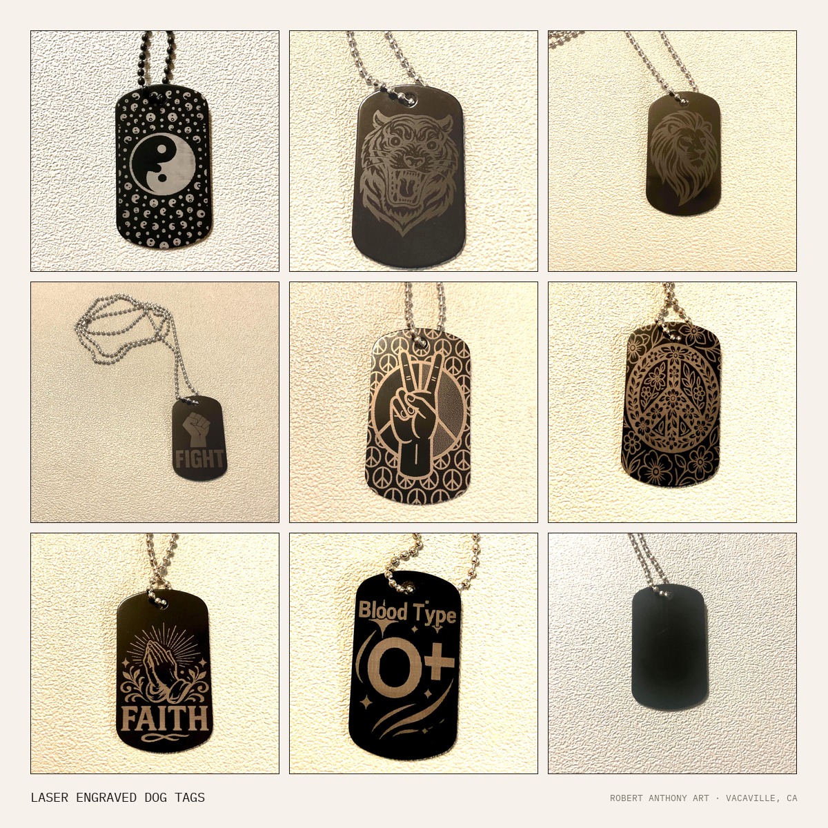 Grid of laser engraved aluminum military-style dog tags including crucifix, peace hand, lion, tiger, and blood type designs
